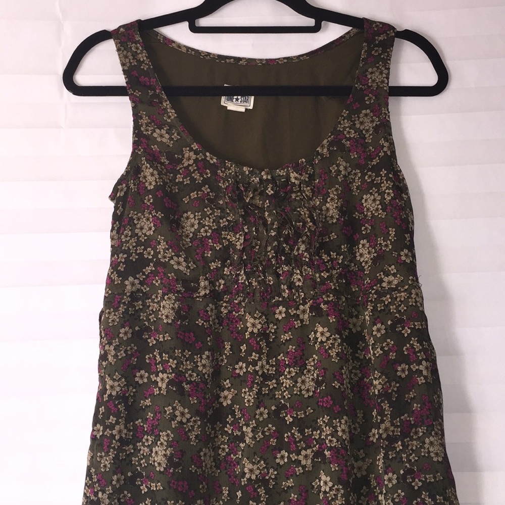 Olive, tan and magenta dress